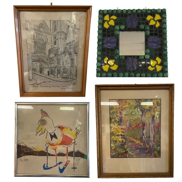 Group of 4 Various Framed Pictures  - Mirror, Roven France, Duck on Skis, Etc.