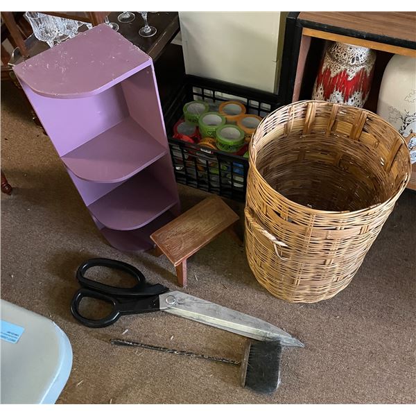 Group of Misc - Storage Shelf, Large Scissors Props, Tape, Etc.
