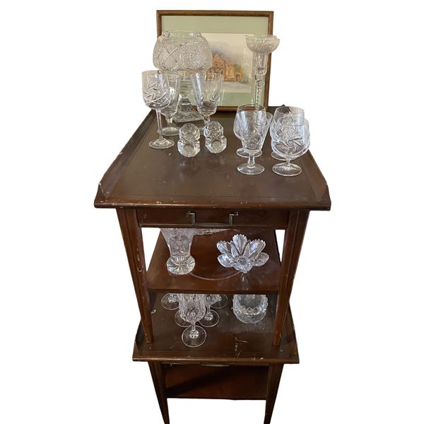 x2 End Tables w/Various Style Glassware - Red Wine Glasses, White Wine Glasses, Barbell Glass