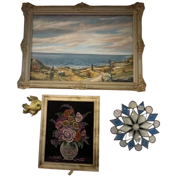 Group 3 Art - Velvet Floral Framed Picture, Ocean/Country Landscape & Glass Hanging Piece