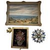 Image 1 : Group 3 Art - Velvet Floral Framed Picture, Ocean/Country Landscape & Glass Hanging Piece