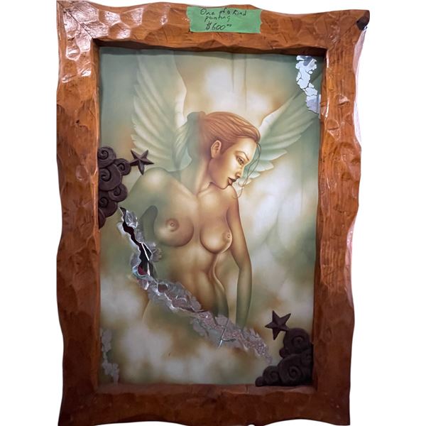 Framed Illuminated Fantasy Angel Artwork in Carved Wood Frame (Tested - Working)