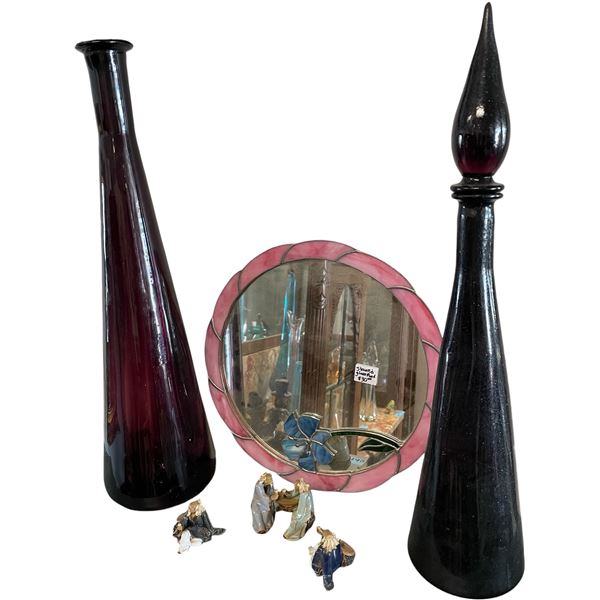 Decorative Glass Vases, Stained Glass Mirror & Figurine Group