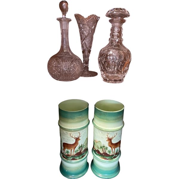 Cut Glass Decanters, Vase & Deer Motif Tumblers