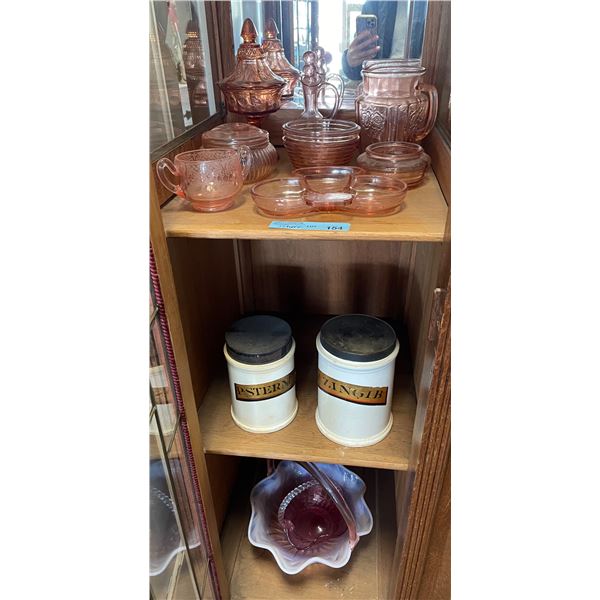 Pink Depression Glass, Apothecary Canisters & Art Glass Basket Group