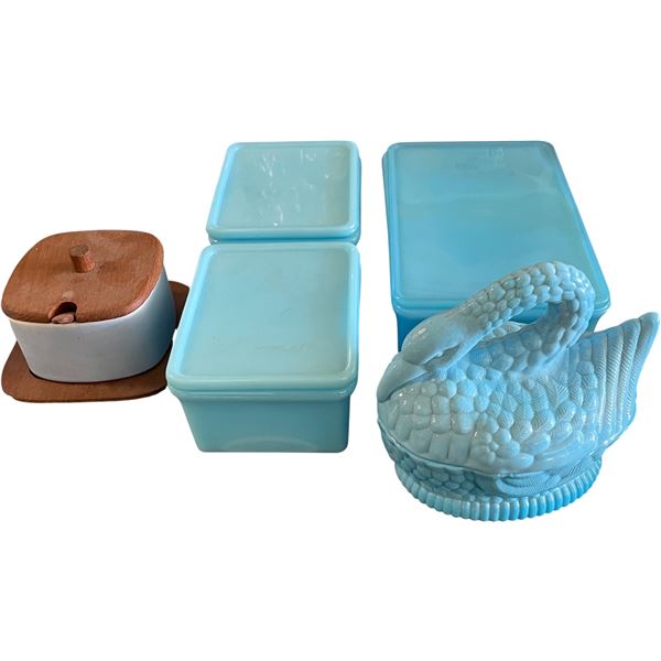 Assorted Blue Milk Glass Containers & Covered Swan Dish with Wood Lid Box