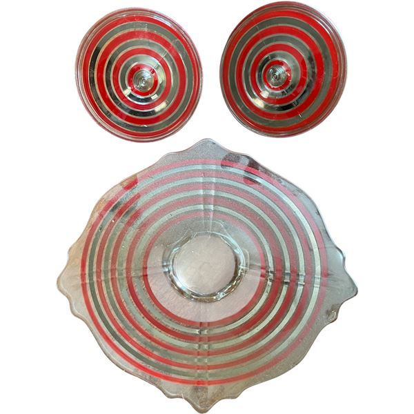 Red Stripe Glass Comport & Candlestick Set