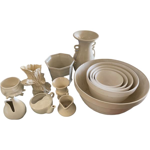 Assorted White Stoneware Mixing Bowls & Pottery Vessels