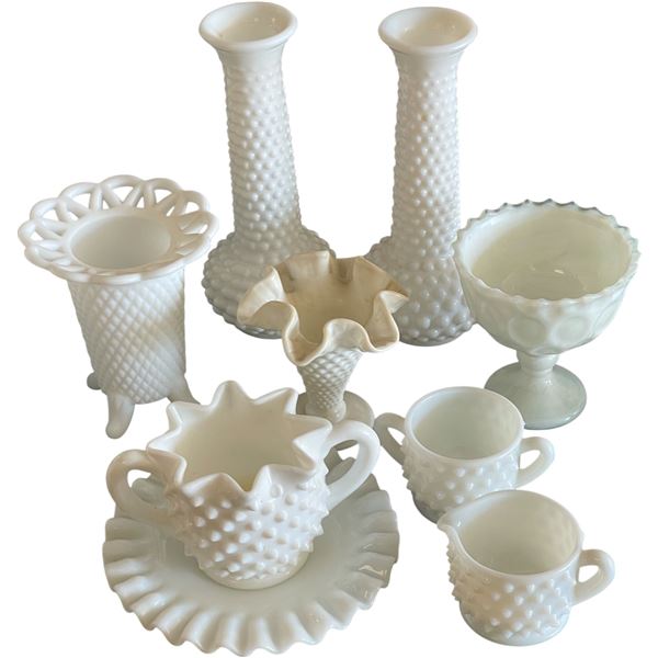 Collection of Milk Glass Vases, Candlesticks & Tableware