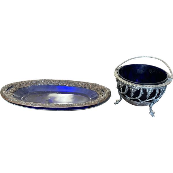 Cobalt Glass Bowl in Ornate Silver Tone Stand