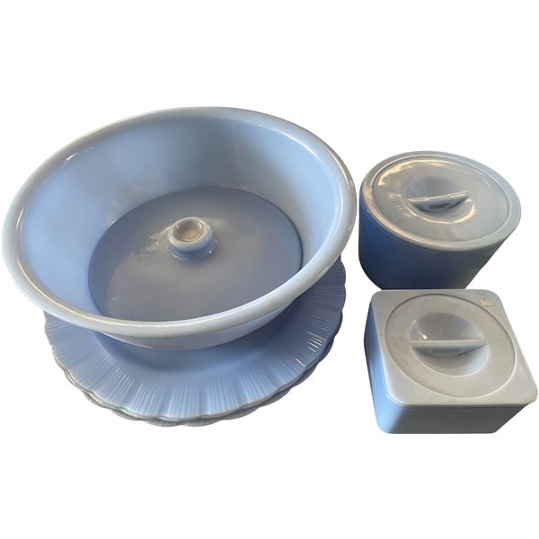 Light Blue Milk Glass Covered Bowl & Refrigerator Dishes