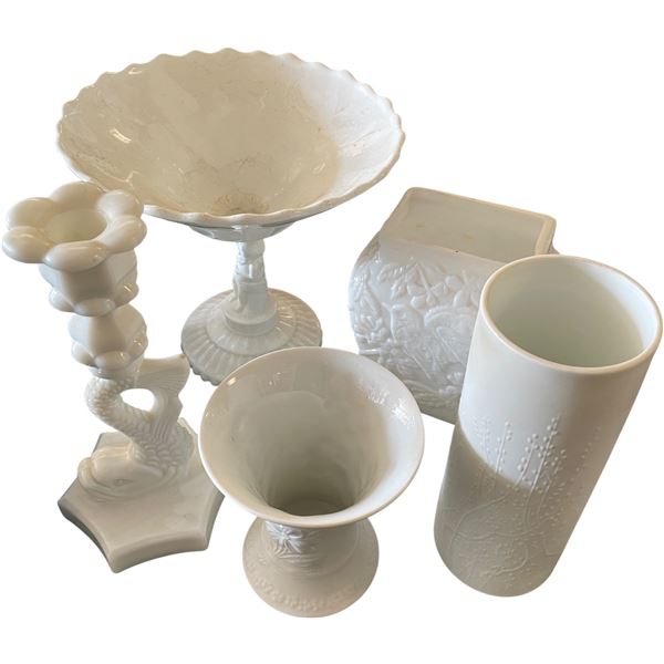 White Milk Glass Vases, Compote & Decorative Pieces