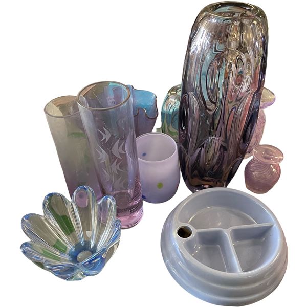 Assorted Purple & Clear Art Glass Vases and Desk Organizer Dish