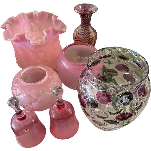 7 Pink Glass Lot - Fenton-Style Ruffle Vase, Swirl Vase, Hobnail & Spot Bulb Vase