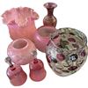 Image 1 : 7 Pink Glass Lot - Fenton-Style Ruffle Vase, Swirl Vase, Hobnail & Spot Bulb Vase