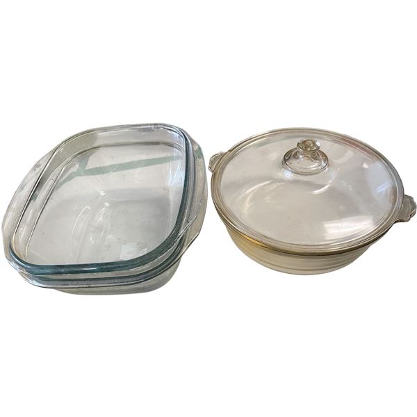 Vintage Pyrex England Covered Casserole and 2 Clear Bakeware Dishes