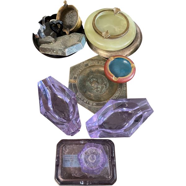 10 Vintage Ashtrays - Mixed Styles Glass, Metal & Stone