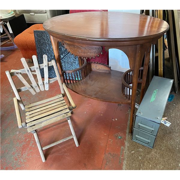 Round Wooden Side Table (H29"x30"), Folding Chair, Metal Filing Cabinet