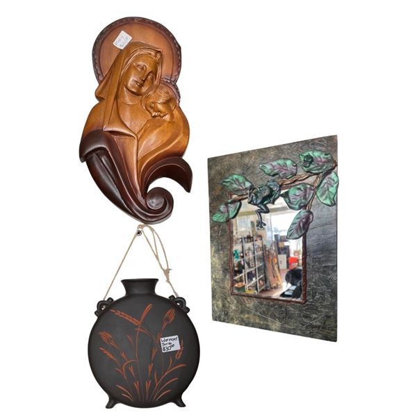 Madonna & Child Wood Carving, Hanging Vase, and Frog-Embellished Mirror