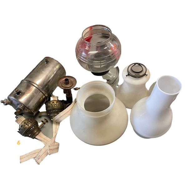 Group of Oil Lamp Parts - Metal Tank, Brass Burners & Assorted Glass Shades