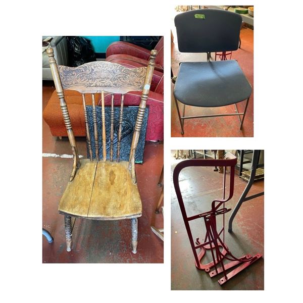 2 Vintage Chairs and Iron Side Saddle Wall Rack