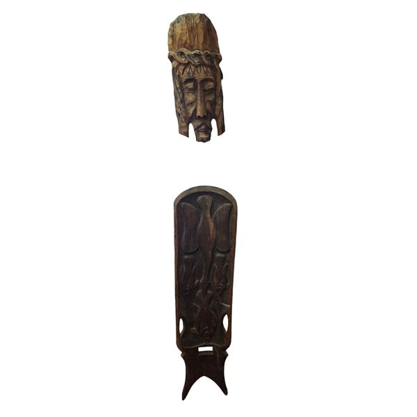 Carved Wooden Christ Face Mask (H16") and Tribal-Style High-Back Chair Panel (H41")