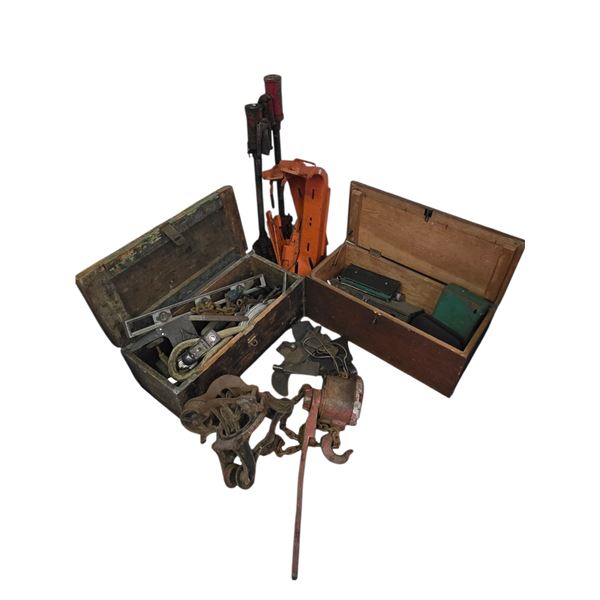 Mixed Vintage Workshop Tools - Chain Hoist, Come-Along, Pulleys, and More