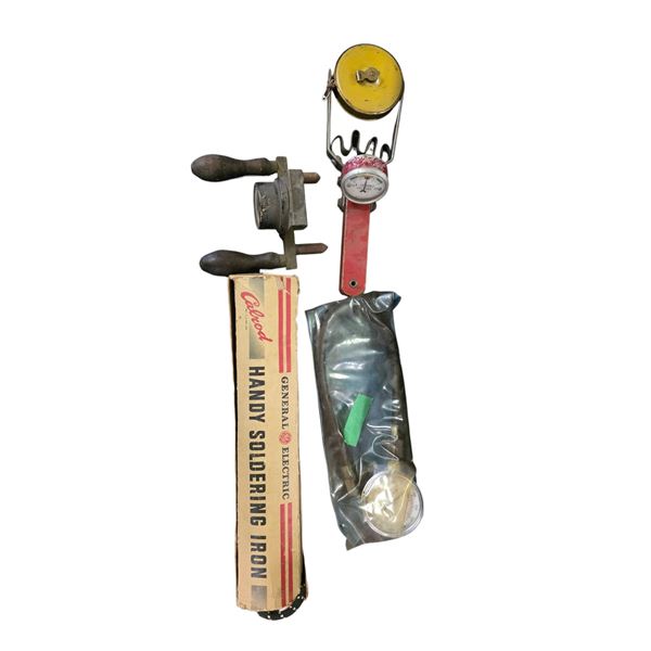 5 Vintage Tools Includes GE Handy Soldering Iron, 2 Battery Cell Tester, Gauge