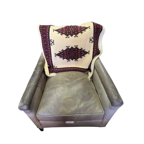 Gray Leather Armchair and Handwoven Throw, Chair Approx. H35" x W29" x D35"