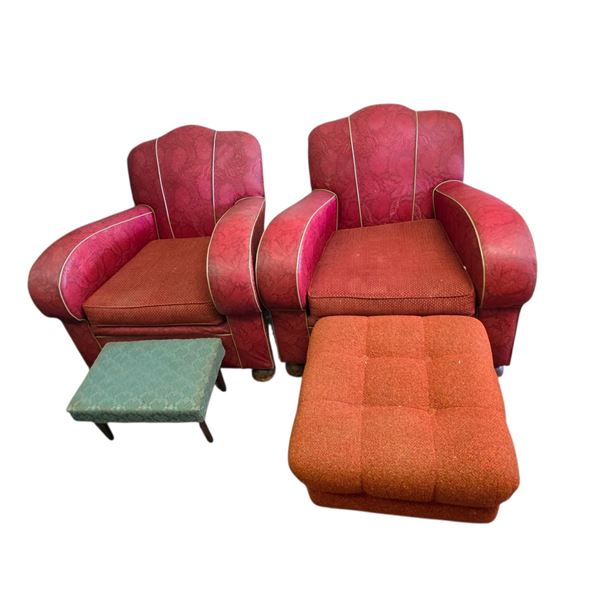 Pair of Vintage Red Club Chairs and 2 Mid-Century Style Ottomans