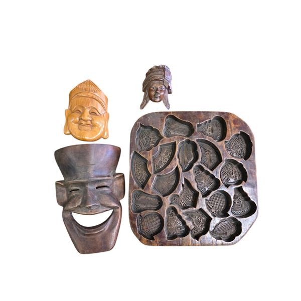 4 Carved Wooden Masks, Tallest H10.5" & Mold 12.5" x 13"