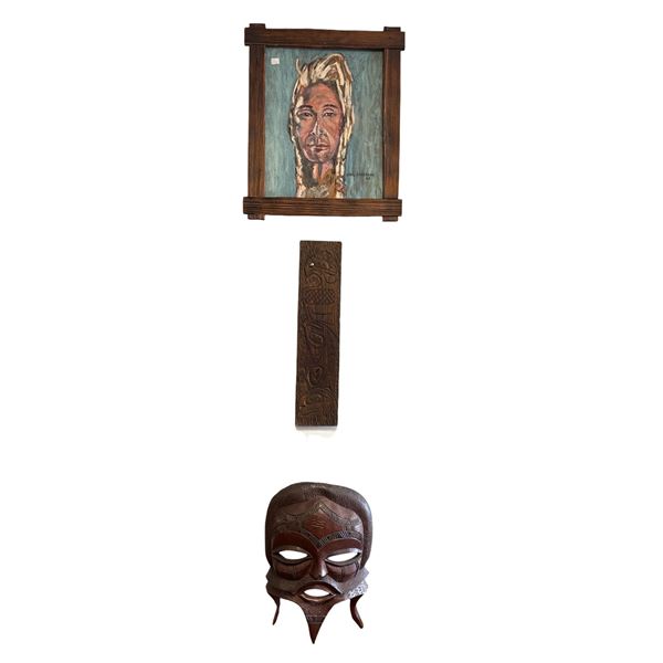 3 Mixed Wall Art - Carved Wooden Plaque H23", Tribal Mask H18", and Portrait H23"