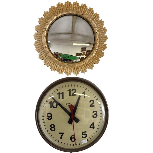 Mid-Century Sunburst Mirror and Retro School Clock