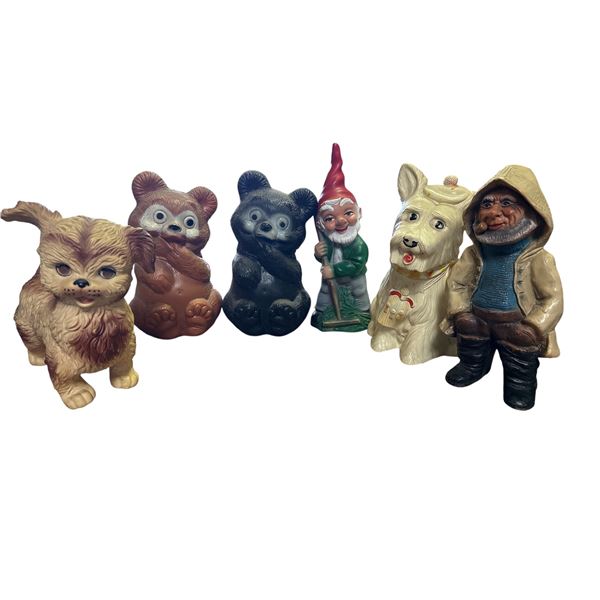 6-pcs 1960s-70s Blow Mold Piggy Bank and Rubber Figurines (Reliable, Heico & More)