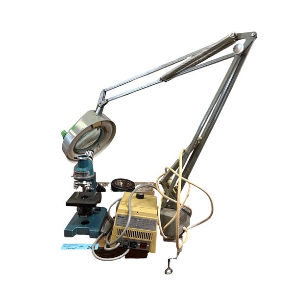 4 Vintage Lab Equipments - Nikon Un Transformer, Bresser Microscope, Luxo Magnifying, and Assorted G