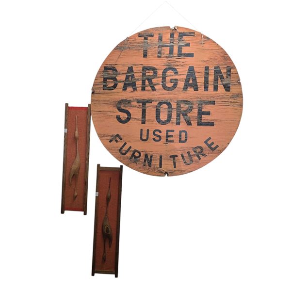 The Bargain Store Sign (Dia. 35") and 2 Cryptomeria Wall Hangings (H27" Each)