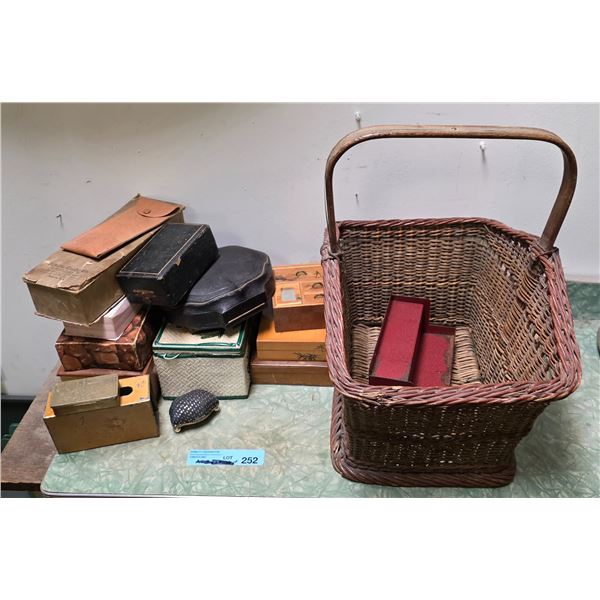 Vintage antique boxes and baskets (ring box, sewing kit bot, kleenex box, jewelry box, etc.)