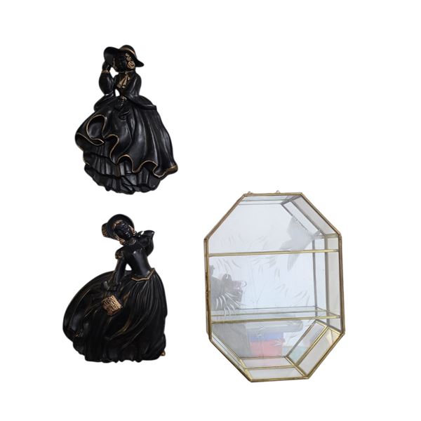 Vintage Glass Display Box and 2 Lady Figurines