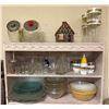 Image 1 : 3 Shelf - Includes Vintage Gingerbread House, Cookie Jars, Glassware & Mixing Bowls