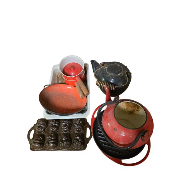 Group of Vintage Cookware - Bear Mold Pan, Red Enamel Pots, Teapot, Kettle, and More