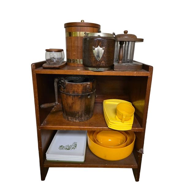 3-Shelf of Wooden Buckets, Yellow Plastic Dish Set and Misc Kitchenware