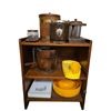 Image 1 : 3-Shelf of Wooden Buckets, Yellow Plastic Dish Set and Misc Kitchenware