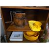 Image 4 : 3-Shelf of Wooden Buckets, Yellow Plastic Dish Set and Misc Kitchenware
