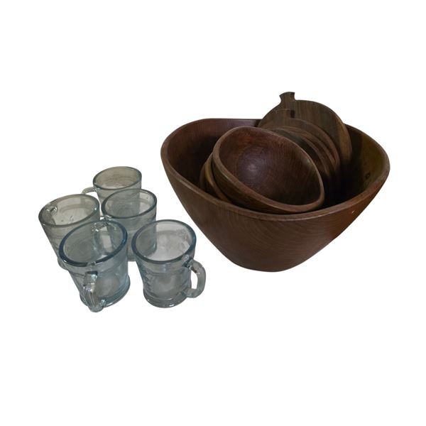 Group of Wood Bowl Set & Cups