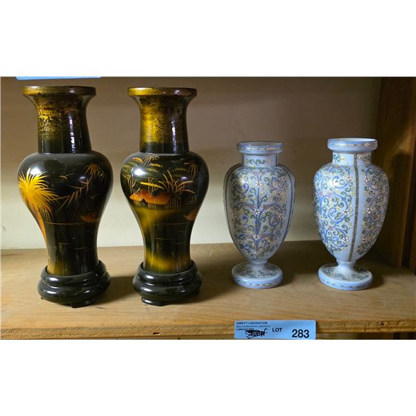 Two sets of antique vases, one set hand painted, one set Vietnam wood painted