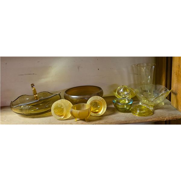 2 Pcs Fifth Avenue Glass Amber Frosted Candleholders, and Group of Yellow Depression Glass