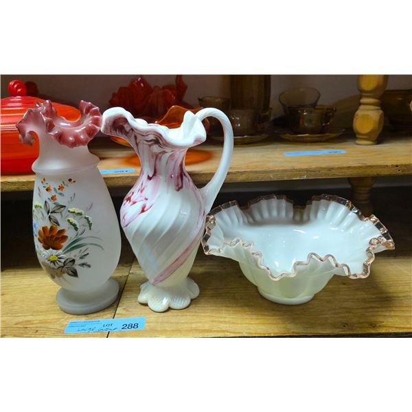 Antique victorian glass vase and jug. Vintage Fenton rose crest ruffle bowl