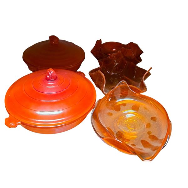 Glasbake Art Deco Orange Baking Casserole with 4 Matching Colored Glass Pieces
