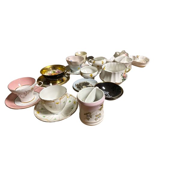 Mixed Porcelain Teacups with Saucers, and Tea Serving Items Includes Brands Aynsley, Royal Albert