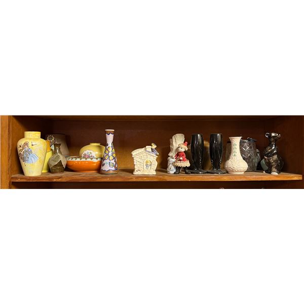 Two shelf lot mixed ceramics and art pottery
